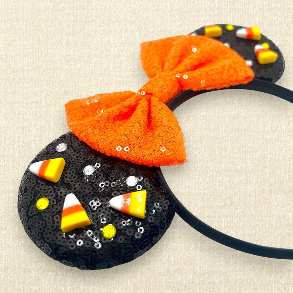 Black Sequin Candy Corn Minnie Ears | Disney-Inspired Halloween Mouse Ears - Picture 3 of 4